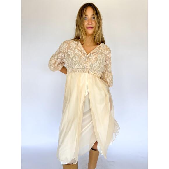 Vintage Sheer Lace Midi Dress Set - Cream Lingerie Slip & Jacket - Picture 6 of 9